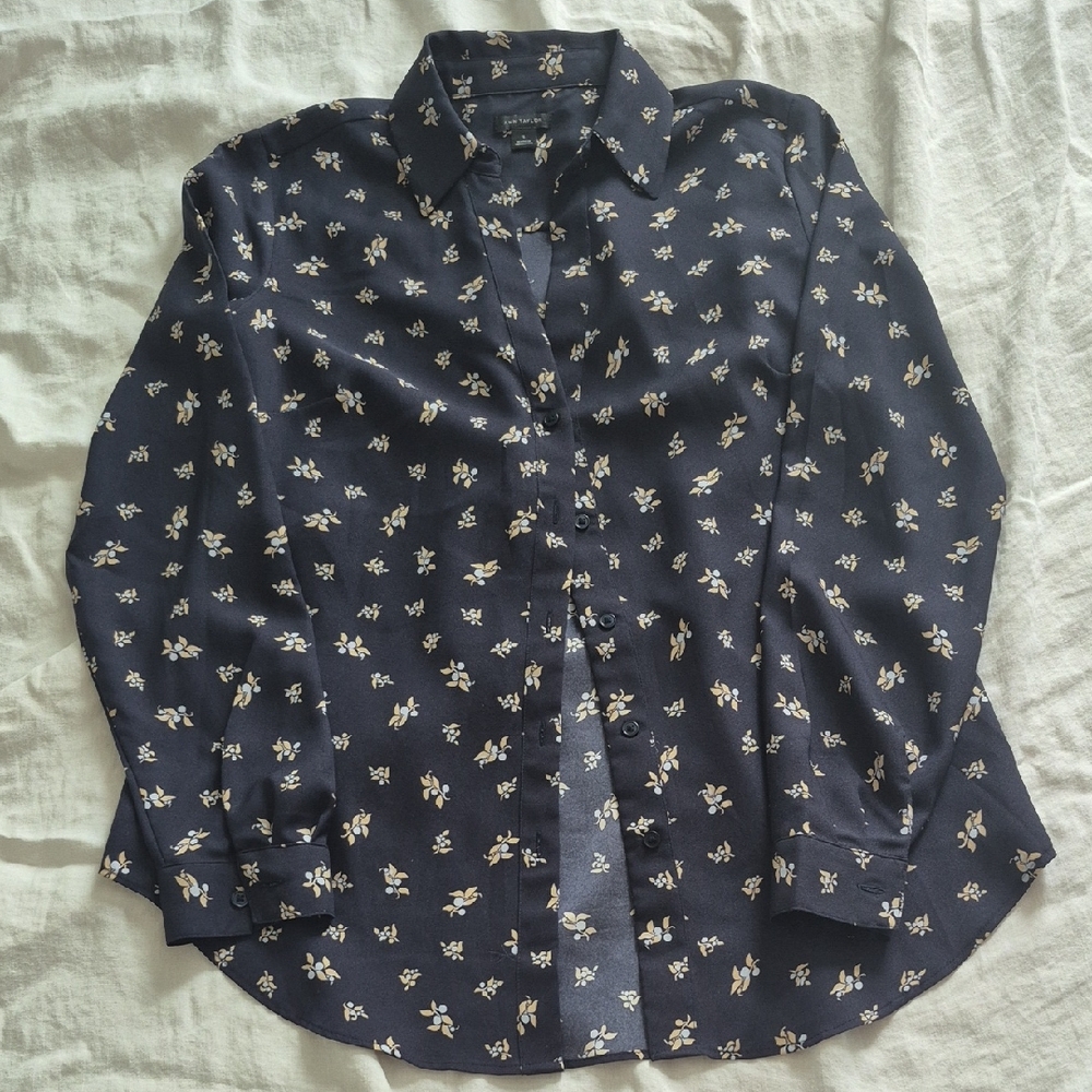 Ann Taylor Blouse, Size S - Small, Dark Blue Floral Pattern